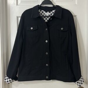 Isaac Mizrahi‎ Sz XL Black Button Up Trucker Jacket Sporty Check Cuffs Classic